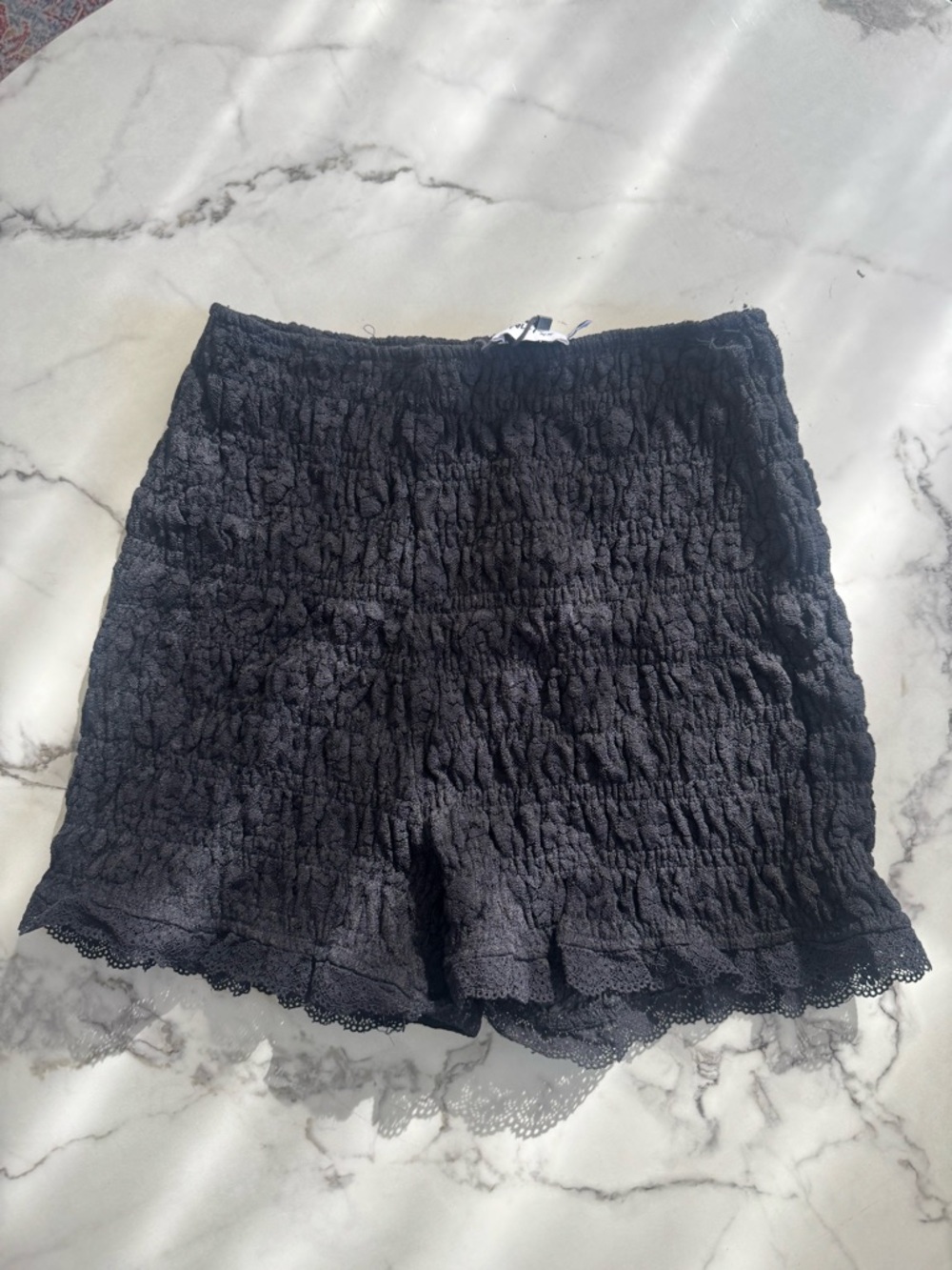 Princess Polly Black Smocked High-Waist Lace-Hem Shorts